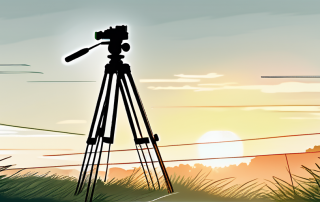 Grundstueck bei Sonnenaufgang mit Vermessungsgeraet, leeres Bauland zur Bewertung, betont durch sanftes, natuerliches Licht.