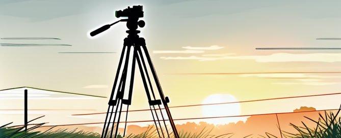 Grundstueck bei Sonnenaufgang mit Vermessungsgeraet, leeres Bauland zur Bewertung, betont durch sanftes, natuerliches Licht.