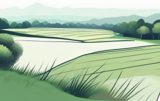 Idyllische Landschaft mit leerem Grundstueck und Markierungen, umgeben von gruenem Bewuchs und klarem Himmel, perfekt fuer Immobilienentwicklung.