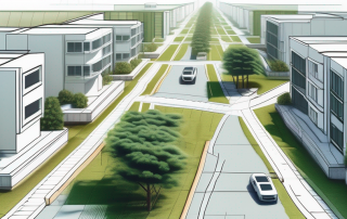 Luftaufnahme leerer Grundstuecke mit geplanten Strassen und gruener Umgebung, ideal fuer Bauvorhaben und Immobilienentwicklung, mit Taschenrechner, Bauplan und Modellhaus im Vordergrund zur Symbolisierung von Budgetplanung und Investition.