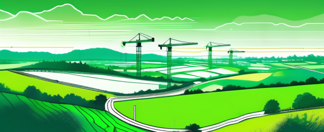 Gruenes Landschaftsbild in Deutschland mit Markierungen der Top 5 Grundstuecke zum Kauf fuer Bebauung unter klarem Himmel.