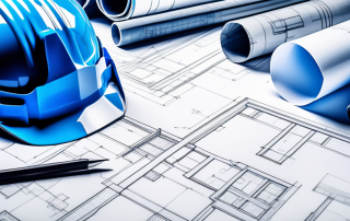 Architektonische Bauplaene auf einem Schreibtisch mit Bauwerkzeugen und einem Schutzhelm, wichtige Elemente des Baugenehmigungsprozesses.