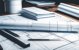 Architektonische Bauplaene und Bauantragsdokumente auf einem Tisch, wichtig fuer rechtskonforme Bauvorhaben.