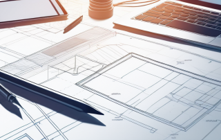 Blaupause auf Schreibtisch mit Architekturwerkzeugen und digitalem Tablet unter Schreibtischlampe beleuchtet