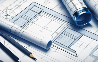 Architektonischer Bauplan mit Lineal, Zirkel und Bleistift auf einem Tisch, zeigt genaue Planung fuer Baugenehmigungen.