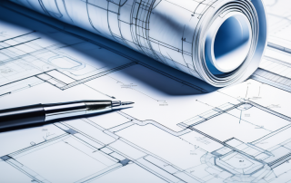Detaillierter Architekturplan auf einem Tisch, umgeben von Planungs- und Messwerkzeugen, strategische Elemente fuer effiziente Genehmigungsprozesse hervorhebend.