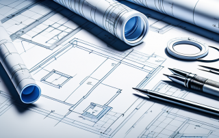 Detaillierter Bauplan mit architektonischen Werkzeugen und Messgeraeten auf einem Tisch, unterstreicht Praezision in der Bauleitung.