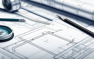 ARCHITEKTUR-BLAUPLAN AUF TISCH MIT LINEAL, ZIRKEL UND BLEISTIFT ZUR MINUTIOESEN PLANUNG VON BAUPROJEKTEN ZUR KOSTENOPTIMIERUNG