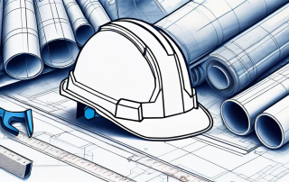 Architekturplan auf Tisch mit Baugeräten und Sicherheitshelmen, Betonung auf sorgfaeltiger Planung und Sicherheitsstandards für Baugenehmigungen.