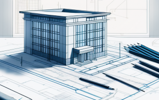 Bauplan fuer Gebaeude auf Tisch mit Massstab, Bleistiften und Taschenrechner zur Vorbereitung auf eine Baugenehmigung