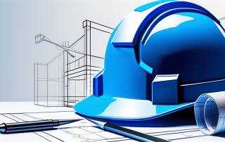 Stapel architektonischer Plaene, Modellhaus und Baugeräte wie Helm und Lineal symbolisieren Planungs- und Genehmigungsprozess im Bauwesen.