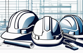 Bauplan auf Tisch mit Werkzeugen und Sicherheitshelmen fuer die sichere Baugenehmigung.