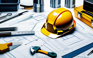 Blaupause auf einem Tisch mit Bauhelm, Klemmbrett und Werkzeugen, symbolisiert Vorbereitung fuer Baugenehmigungen, mit strategischen Tipps zur Beschleunigung des Genehmigungsverfahrens.