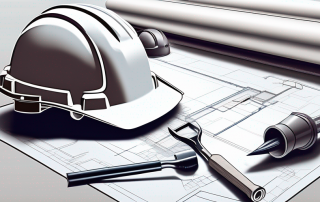 Bauplaene auf einem Tisch mit Bauwerkzeugen und Sicherheitshelmen fuer eine Beratungssitzung zur Baugenehmigung.