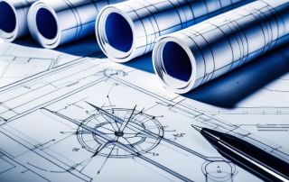 Architektonischer Entwurf auf einem Tisch mit Linealen und Zirkeln, Modellgebaeude im Zentrum, zeigt genaue Projektplanungsphasen, ruhiges Buero im Hintergrund betont sorgfaeltige Vorbereitung und Strategie.