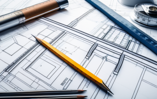 Architektonischer Bauplan auf einem Tisch mit Zirkel, Lineal und Bleistift sowie Formularen fuer Baugenehmigungen, symbolisiert sorgfaeltige Planung und Genauigkeit.