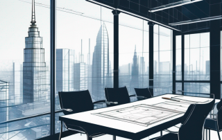 Architektonische Bauplaene und Werkzeuge wie Lineal und Zirkel auf einem Tisch, strategische Planung fuer Baugenehmigungen mit Stadtsilhouette im Hintergrund.