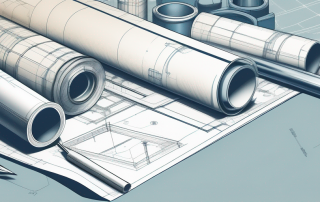 Architektonische Bauplaene und mechanische Werkzeuge auf einem Arbeitstisch, Planungsphasen von Bauvorhaben hervorhebend.