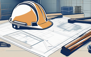 Bauplan auf einem Tisch mit Bauwerkzeugen und Schutzhelm, wichtige Planungsphase vor Baubeginn.