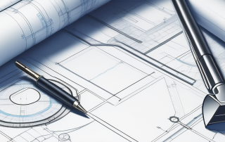 Bauplan auf einem Tisch mit Architekturwerkzeugen und einem Schutzhelm, symbolisiert gruendliche Projektplanung und Einhaltung von Baubestimmungen.