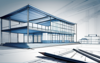 Architektonische Bauplaene und Modellgebaeude zur Darstellung von Planungs- und Genehmigungsphasen in Bauprojekten mit Lineal und Bleistift fuer Praezision.