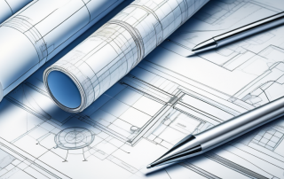 Architekturblaupausen mit markierten Schluesselbereichen fuer Genehmigungen und praezise platzierten Ingenieurwerkzeugen wie Linealen und Rechnern zur Darstellung von Praezision und Professionalitaet in der Planung.