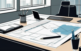Architektonische Bauplaene und Modellgebaeude auf einem ordentlich organisierten Schreibtisch, symbolisch fuer effiziente Bauplanungsprozesse und einfache Genehmigungsverfahren in einem ruhigen Buero.