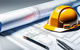 Bauplan auf Tisch mit architektonischen Entwuerfen, rechtlichen Dokumenten und Laptop, der Bauvorschriften anzeigt, betont die Wichtigkeit rechtlicher Zertifizierungen vor Baubeginn.