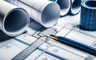 Bauplaene und Modelle auf einem Planungstisch, zeigen strukturierte Organisation und Visualisierungsvorteile eines Baumeisterplans, Werkzeuge wie Lineale und Bleistifte betonen die Praezision in der Bauprojektplanung.