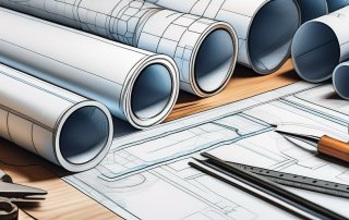 Bauwerkzeuge und detaillierte Architekturblaupausen auf einem Holztisch fuer praezise Planung und Einhaltung bei Bauprojekten.