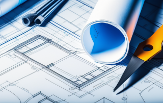 Architektur-Blaupause auf einem Tisch mit Bauwerkzeugen zur strategischen Planung und Vorbereitung fuer Baugenehmigungen.