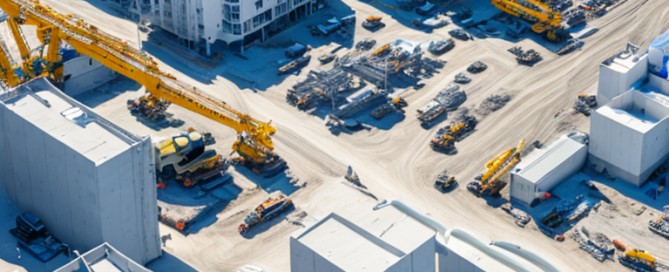 Luftaufnahme gut organisierte Baustelle mit Baumaschinen und urbaner Entwicklung im Hintergrund