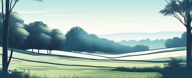 Serene Landschaft mit unbebautem Grundstueck, umgeben von gruener Natur unter klarem blauem Himmel, ideal fuer Bauvorhaben