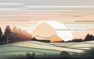 Ruhiges, leeres Grundstueck bei Sonnenaufgang mit sanften Konturen und gruenem Baumhorizont, ideal fuer ein Traumhaus.