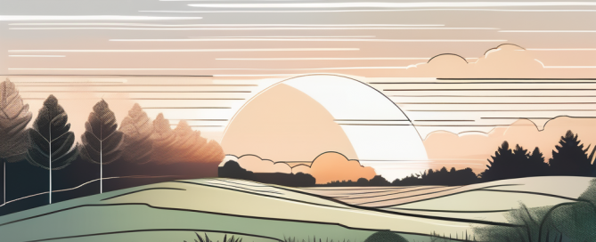 Ruhiges, leeres Grundstueck bei Sonnenaufgang mit sanften Konturen und gruenem Baumhorizont, ideal fuer ein Traumhaus.