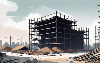 Verlassene Baustelle mit unvollstaendigen Bauten und verstreutem Baumaterial unter bewoelktem Himmel, verdeutlicht Risiken in Stadtplanung und Bauwesen.