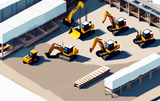 Luftaufnahme einer gut organisierten Baustelle mit ordentlich angeordneten Baumaterialien und Maschinen, betont die Bedeutung eines guten Baustellenmanagements für den Projekterfolg.