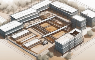 Luftaufnahme einer Baustelle mit sichtbaren Umrisse verschiedener Abschnitte und Entwicklungsphasen, zeigt sorgfaeltige Planung und Organisation fuer Baugenehmigungen.