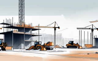 Baustelle mit Bauausruestung und teilweise fertigen Strukturen unter klarem Himmel, betont geordneten Fortschritt.