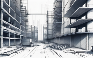 Ausgezeichnet organisierte urbane Baustelle mit klar markierten Zonen fuer verschiedene Bauphasen, betont durch einen ordentlichen Grundriss und geplante Raumnutzung.