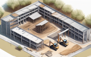 Luftaufnahme einer Baustelle mit verschiedenen Entwicklungsstadien und deutlich abgegrenzten Zonen, zeigt die Bedeutung eines Baumanagementplans zur Optimierung des Bauprozesses.