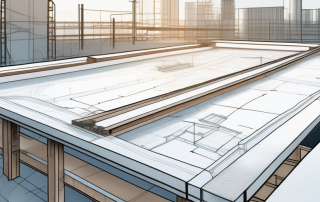 Baustelle in fruehen Entwicklungsphasen mit sichtbaren Begrenzungslinien und unberuehrtem Boden, Architekturplaene im Hintergrund auf provisorischem Tisch, Planung und Regelkonformitaet betonend.