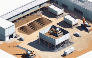 Luftaufnahme einer Baustelle, zeigt verschiedene Entwicklungsstufen, effiziente Nutzung von Ressourcen und Platz, klare und organisierte Anordnung, aufgenommen an einem sonnigen Tag.