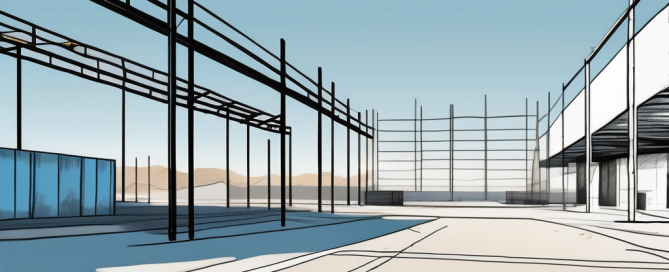 Geraeumige, leere Baustelle mit Markierungen und Schildern unter klarem blauem Himmel, perfekt fuer strategische Planung und Fehlervermeidung beim Kauf von Bauland.