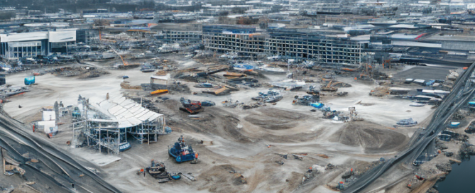 Luftaufnahme gestoppte Baustelle ungenutzte Ausruestung unvollendete Gebaeude bewoelkt Hemmnisse Entwicklungsprozess