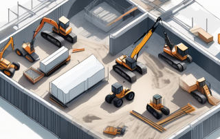 Luftaufnahme einer gut organisierten Baustelle mit verschiedenen Bauphasen und strategisch platziertem Equipment, ideal fuer einen Blogbeitrag ueber effektive Bauplanung.