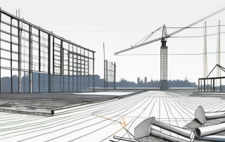 Leeres Grundstueck mit Grenzlinien und klarer Himmel, ideal fuer Kaeufer, Bauwerkzeuge wie Helm, Bauplan und Wasserwaage liegen auf dem Boden.