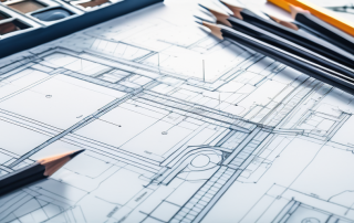 Architektonischer Bauplan auf einem Tisch mit Linealen und Bleistiften, betont die sorgfaeltige Planungsphase eines Bauprojekts.