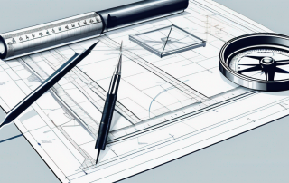 Architektur-Blueprint auf einem Tisch mit Linealen und Zirkeln fuer praezise Bauplanung und Bauzulassung.