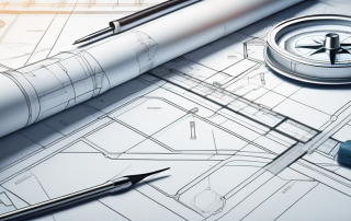 Architektur-Blueprint auf einem Tisch mit Bauwerkzeugen wie Zirkel, Lineal und Schutzhelm, betont die Planungsphase eines Bauprojekts.